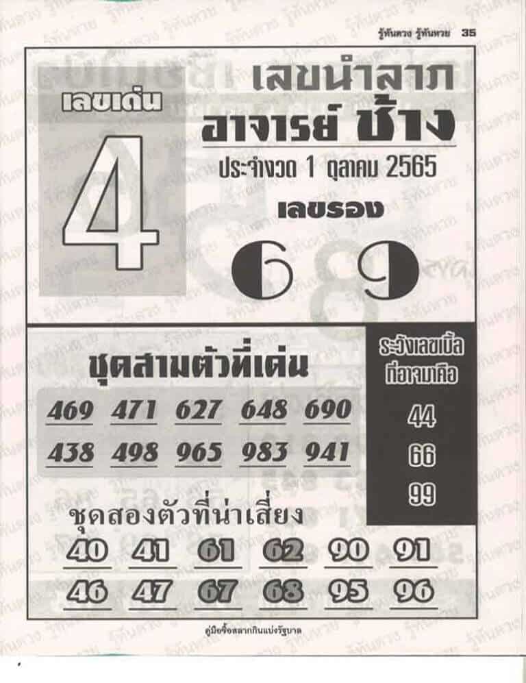 เลขดี หวยอาจารย์ช้าง1/10/65