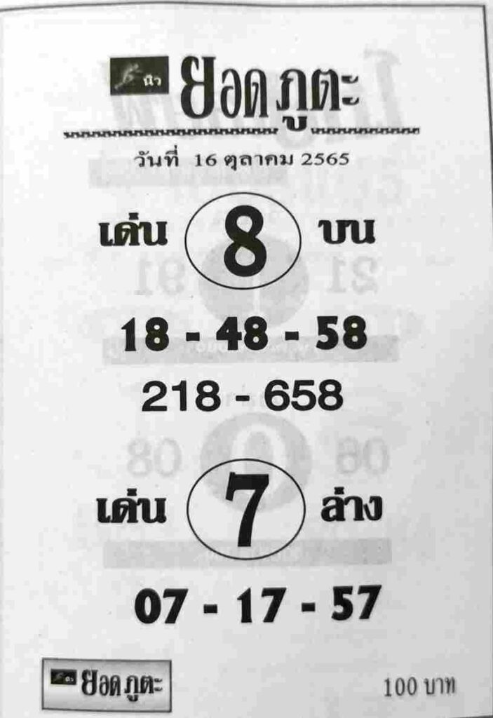 เลขเด็ด หวยยอดภูตะ16-10-65