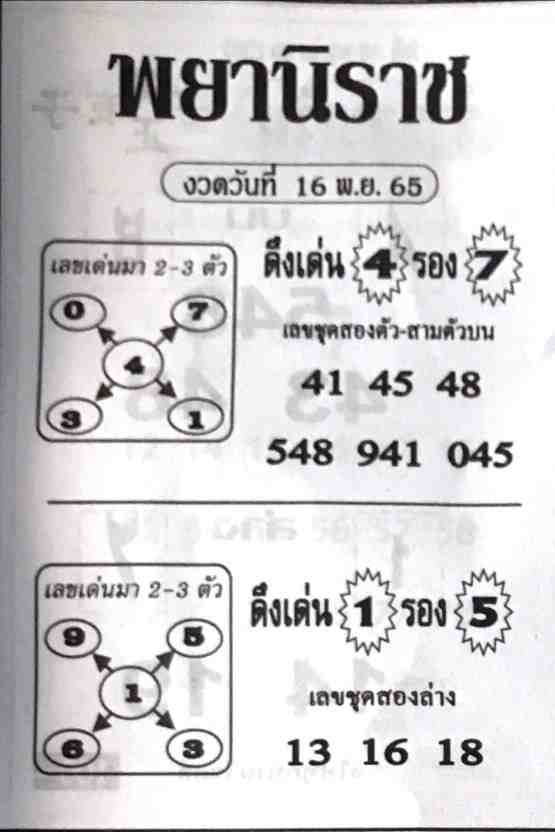 เลขดี หวยพยานิราช16-11-65