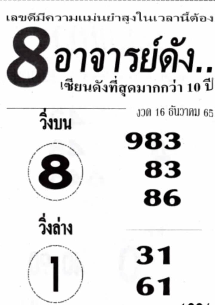 หวยซองล็อคพารวย หวย8อาจารย์ดัง 16-12-65