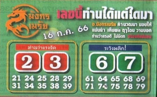 หวยมังกรเมรัยงวดนี้ 16-7-66