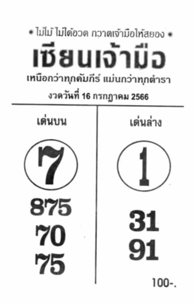หวยเซียนเจ้ามืองวดนี้ 16-7-66