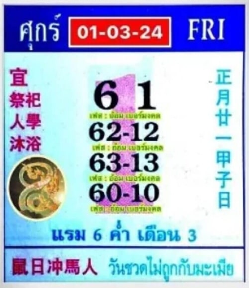 หวยปฏิทินจีน 1-3-67